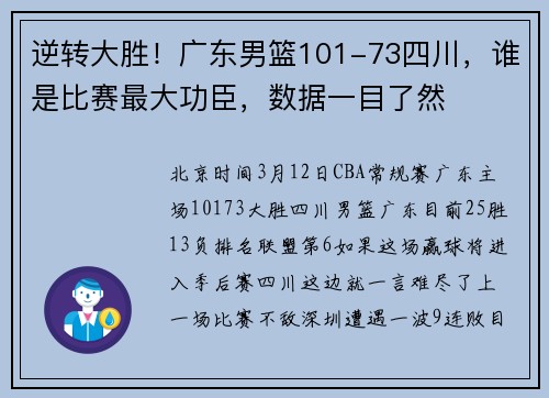 逆转大胜！广东男篮101-73四川，谁是比赛最大功臣，数据一目了然