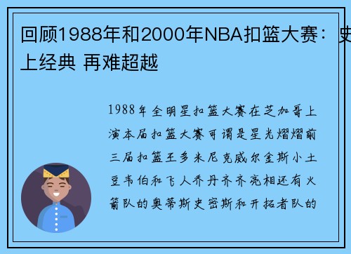 回顾1988年和2000年NBA扣篮大赛：史上经典 再难超越