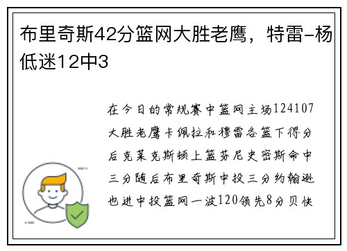 布里奇斯42分篮网大胜老鹰，特雷-杨低迷12中3